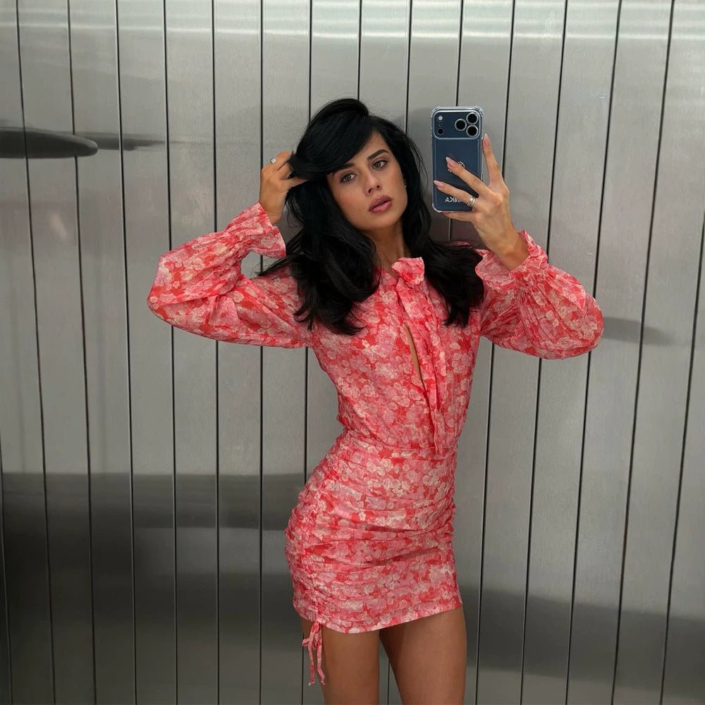 Women Floral Chiffon Mini Dress with Bow Collar, Transparent Volume Sleeves and Side Gathering Chichicherry - Chichicherry