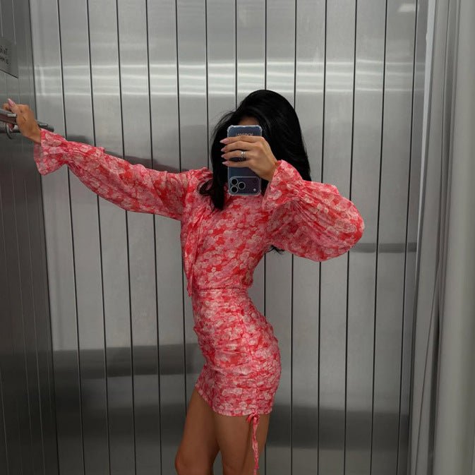 Women Floral Chiffon Mini Dress with Bow Collar, Transparent Volume Sleeves and Side Gathering Chichicherry - Chichicherry