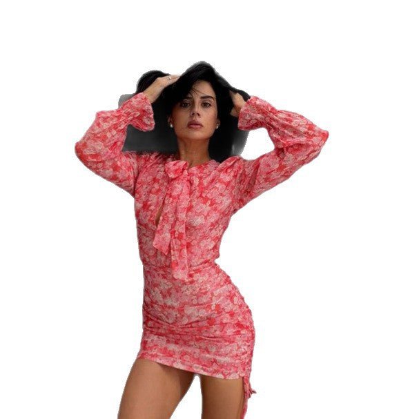 Women Floral Chiffon Mini Dress with Bow Collar, Transparent Volume Sleeves and Side Gathering Chichicherry - Chichicherry