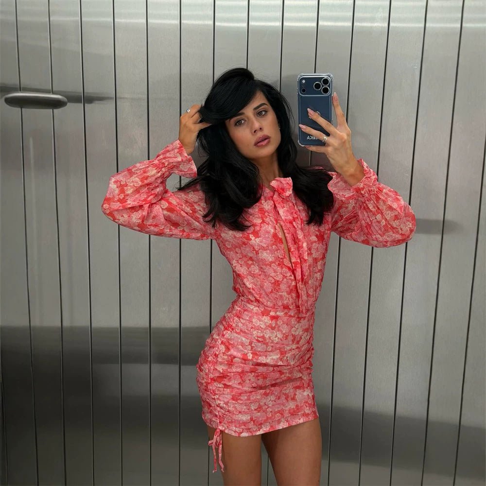 Women Floral Chiffon Mini Dress with Bow Collar, Transparent Volume Sleeves and Side Gathering Chichicherry - Chichicherry