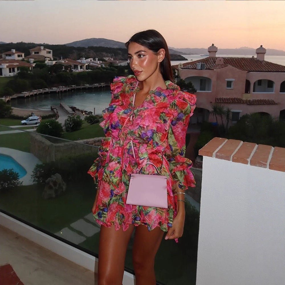 Women Floral Chiffon Mini Dress with Lace-up Corset, Ruffles and Flared Sleeves Chichicherry - Chichicherry