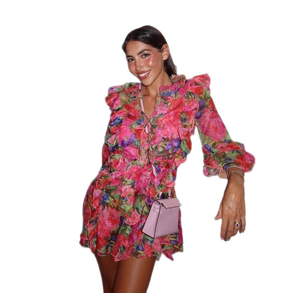 Women Floral Chiffon Mini Dress with Lace-up Corset, Ruffles and Flared Sleeves Chichicherry - Chichicherry