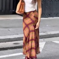 Women Flowing Checked Maxi Skirt with Tailored Trumpet Silhouette Chichicherry - Chichicherry