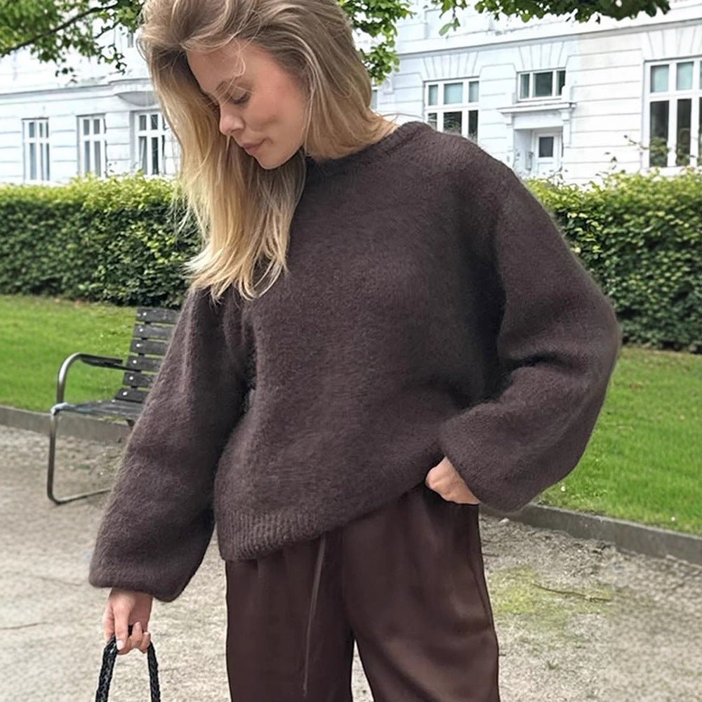 Women Fluffy Round Neck Sweater with Balloon Sleeves and Boxy Silhouette Chichicherry - Chichicherry