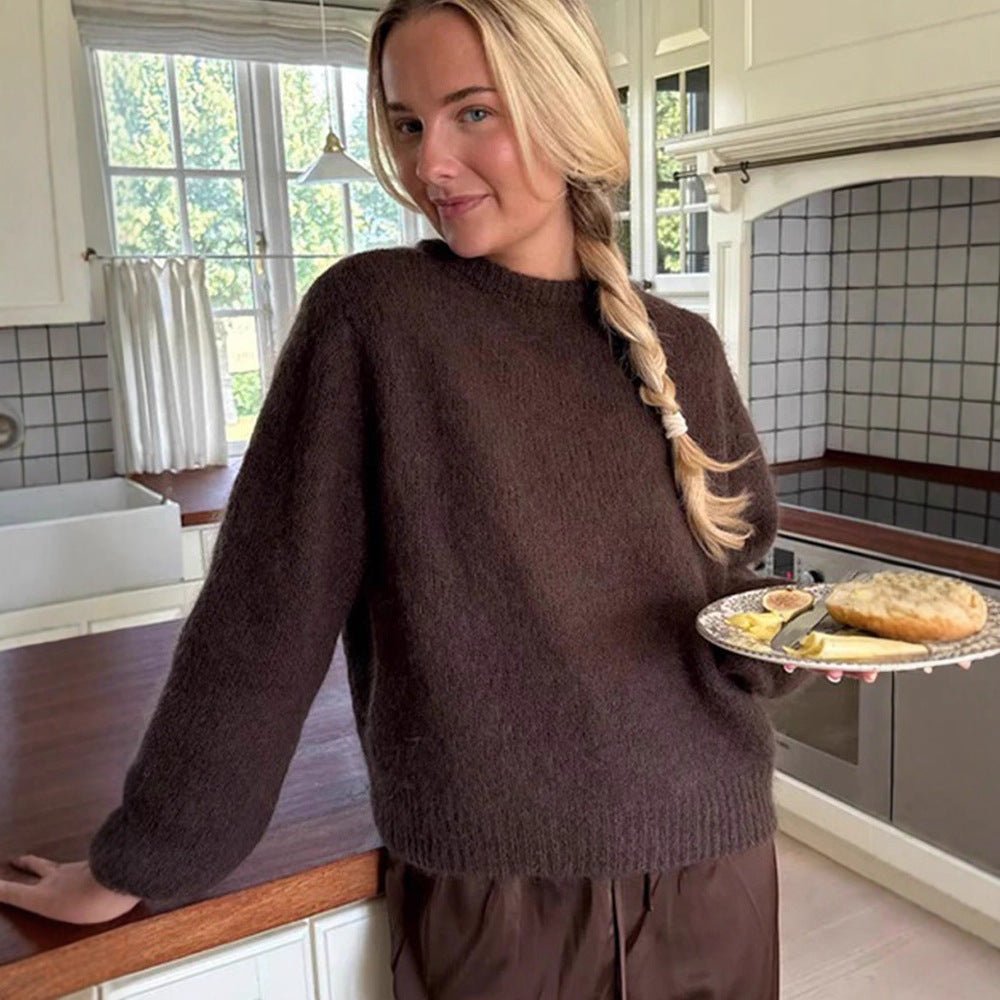 Women Fluffy Round Neck Sweater with Balloon Sleeves and Boxy Silhouette Chichicherry - Chichicherry