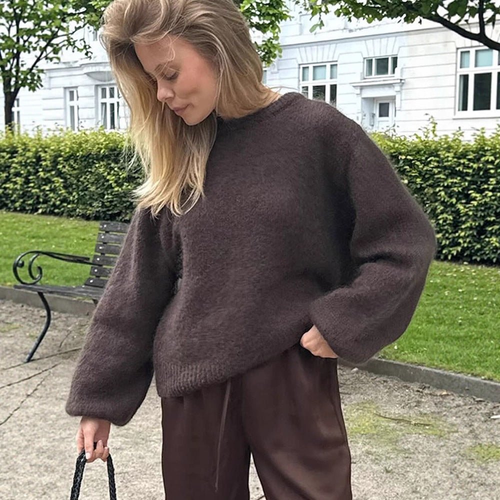 Women Fluffy Round Neck Sweater with Balloon Sleeves and Boxy Silhouette Chichicherry - Chichicherry