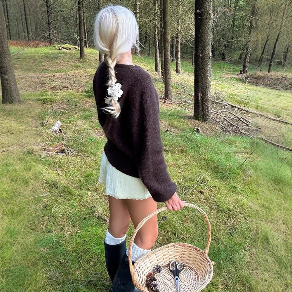 Women Fluffy Round Neck Sweater with Balloon Sleeves and Boxy Silhouette Chichicherry - Chichicherry
