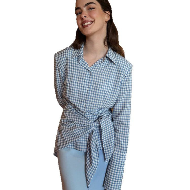 Women Gingham Wrap Blouse with Side Waist Tie and Shirt Collar Chichicherry - Chichicherry