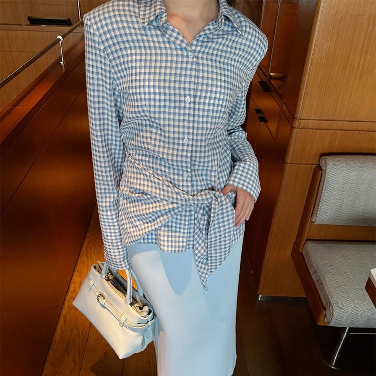 Women Gingham Wrap Blouse with Side Waist Tie and Shirt Collar Chichicherry - Chichicherry