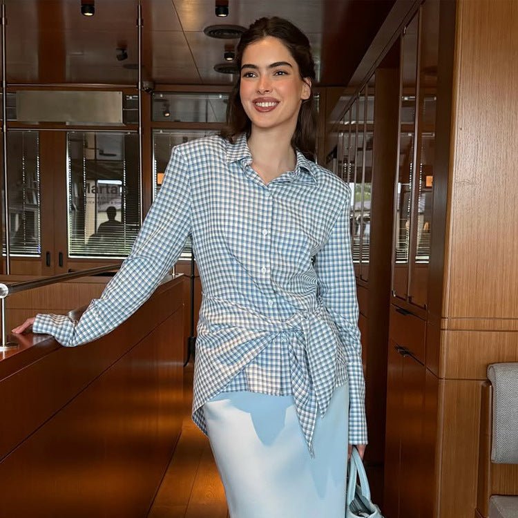 Women Gingham Wrap Blouse with Side Waist Tie and Shirt Collar Chichicherry - Chichicherry