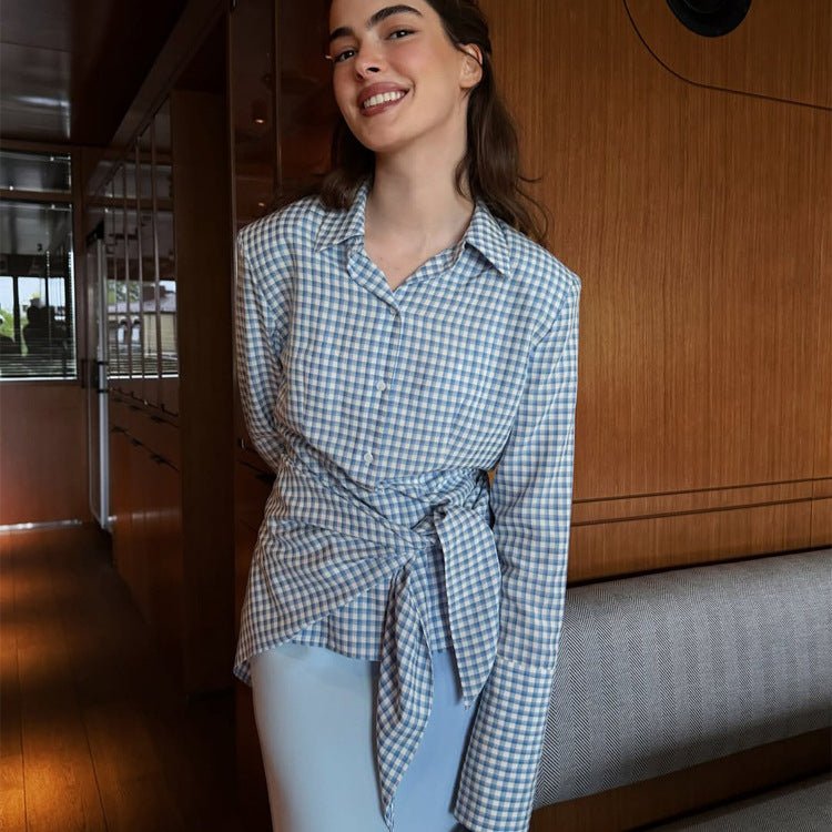 Women Gingham Wrap Blouse with Side Waist Tie and Shirt Collar Chichicherry - Chichicherry