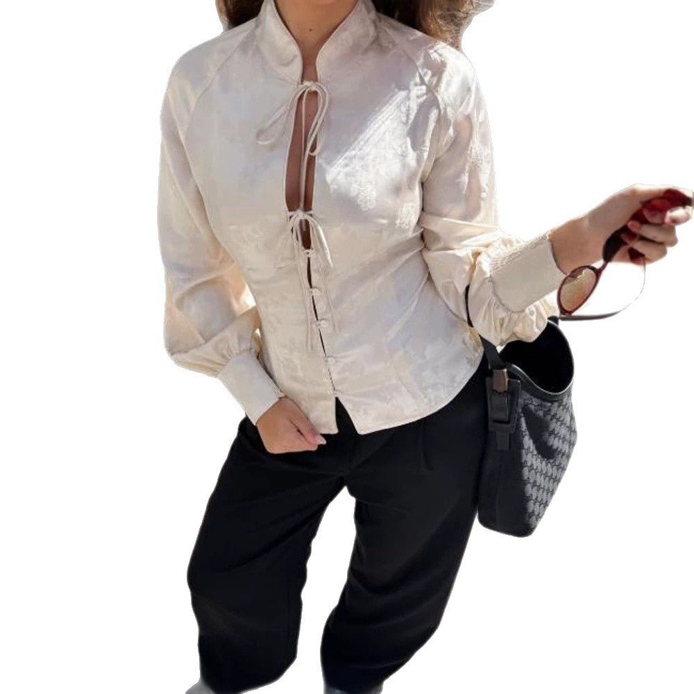 Women Jacquard Satin Blouse with Stand-up Collar, Ties and Fitted Peplum Chichicherry - Chichicherry