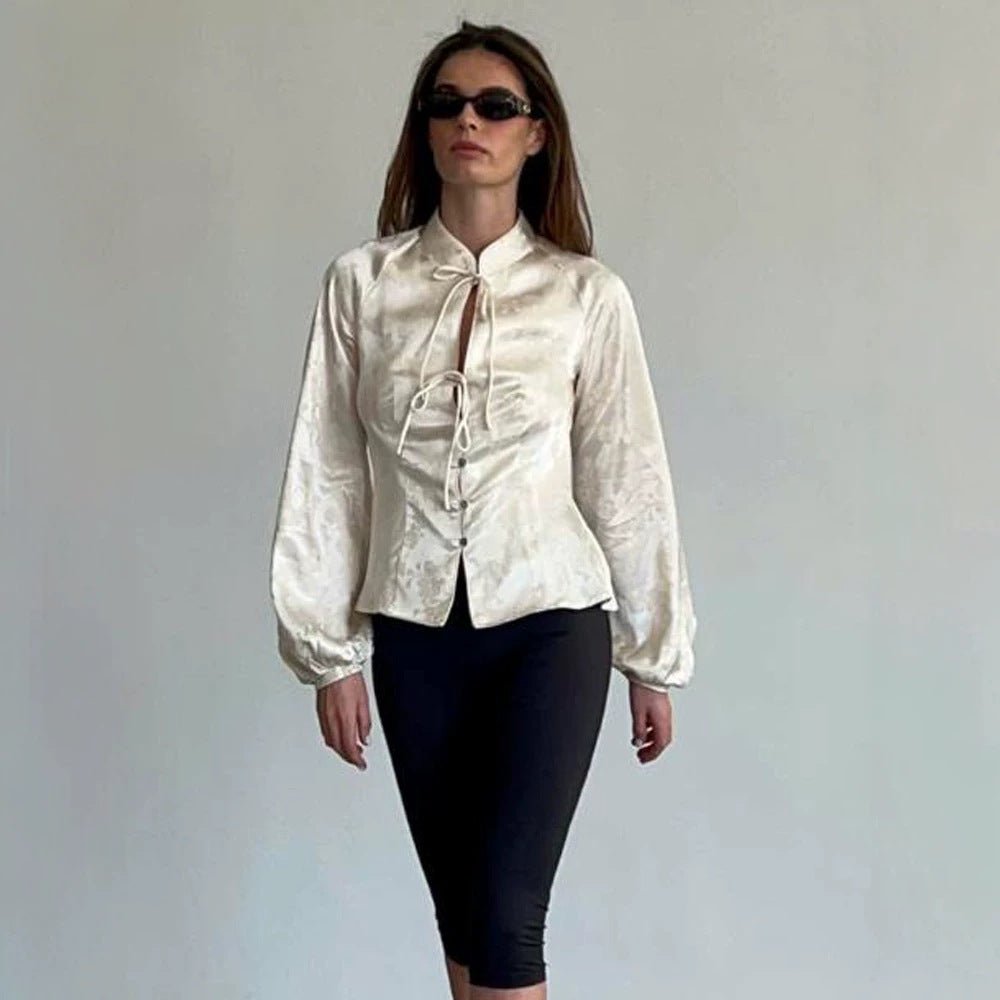 Women Jacquard Satin Blouse with Stand-up Collar, Ties and Fitted Peplum Chichicherry - Chichicherry