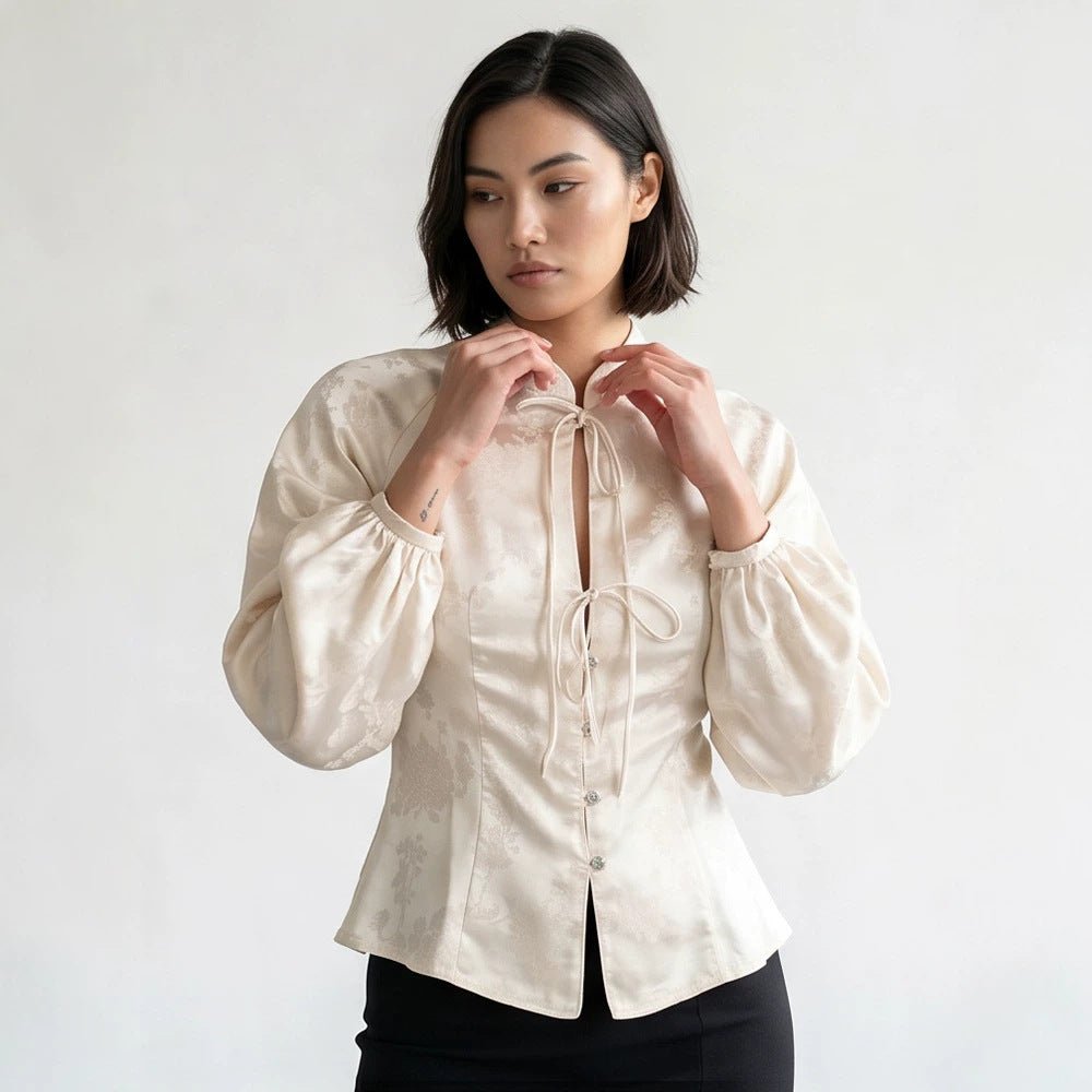 Women Jacquard Satin Blouse with Stand-up Collar, Ties and Fitted Peplum Chichicherry - Chichicherry