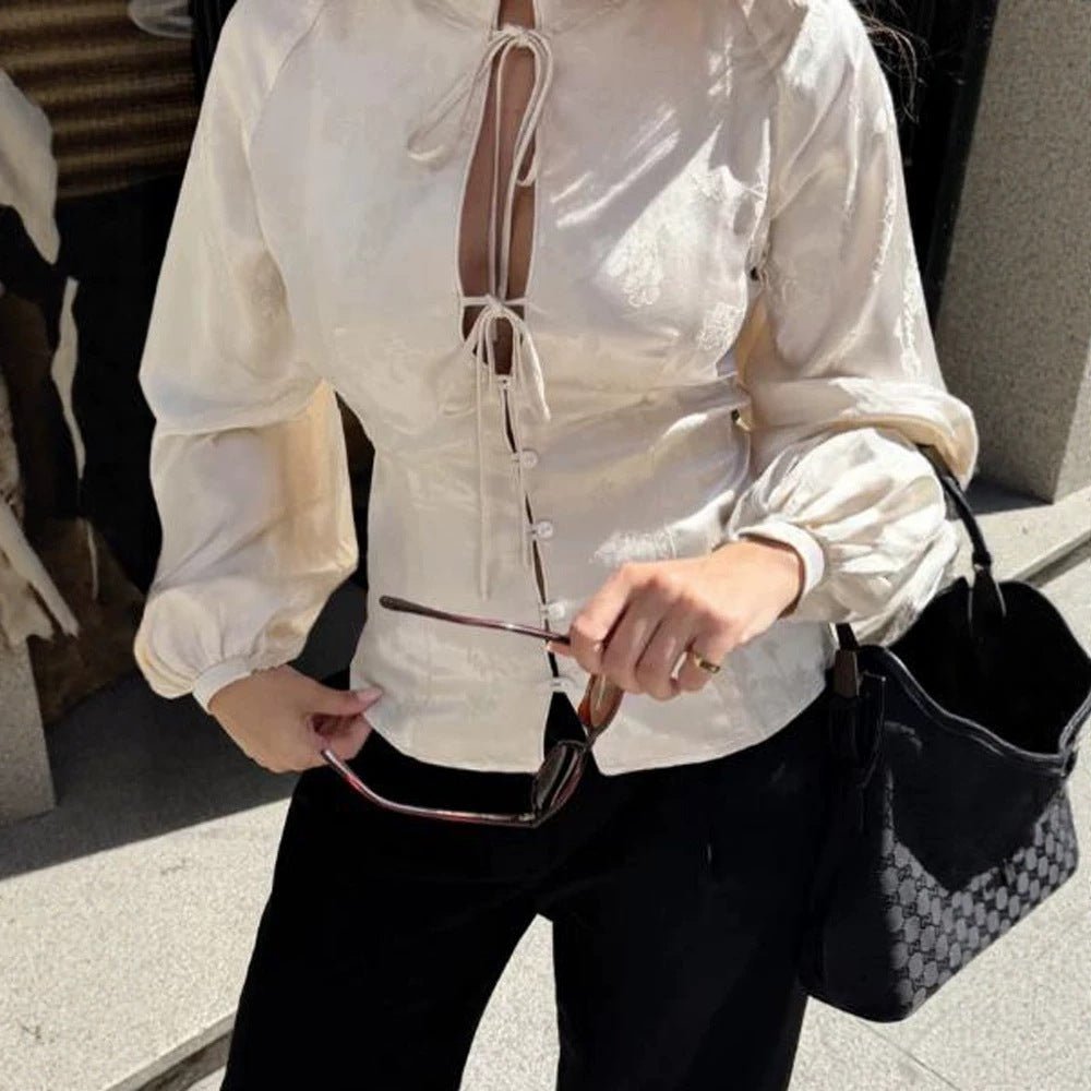 Women Jacquard Satin Blouse with Stand-up Collar, Ties and Fitted Peplum Chichicherry - Chichicherry