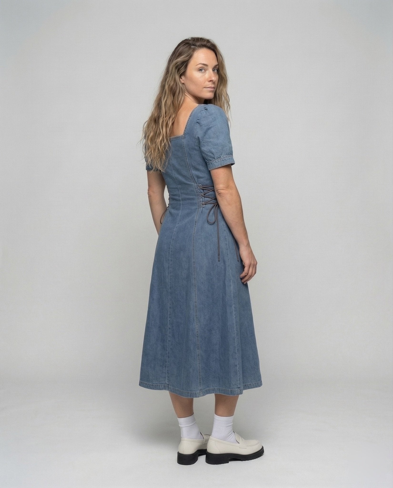 Women Jeans Look Dress with Corset Lacing - Chichicherry
