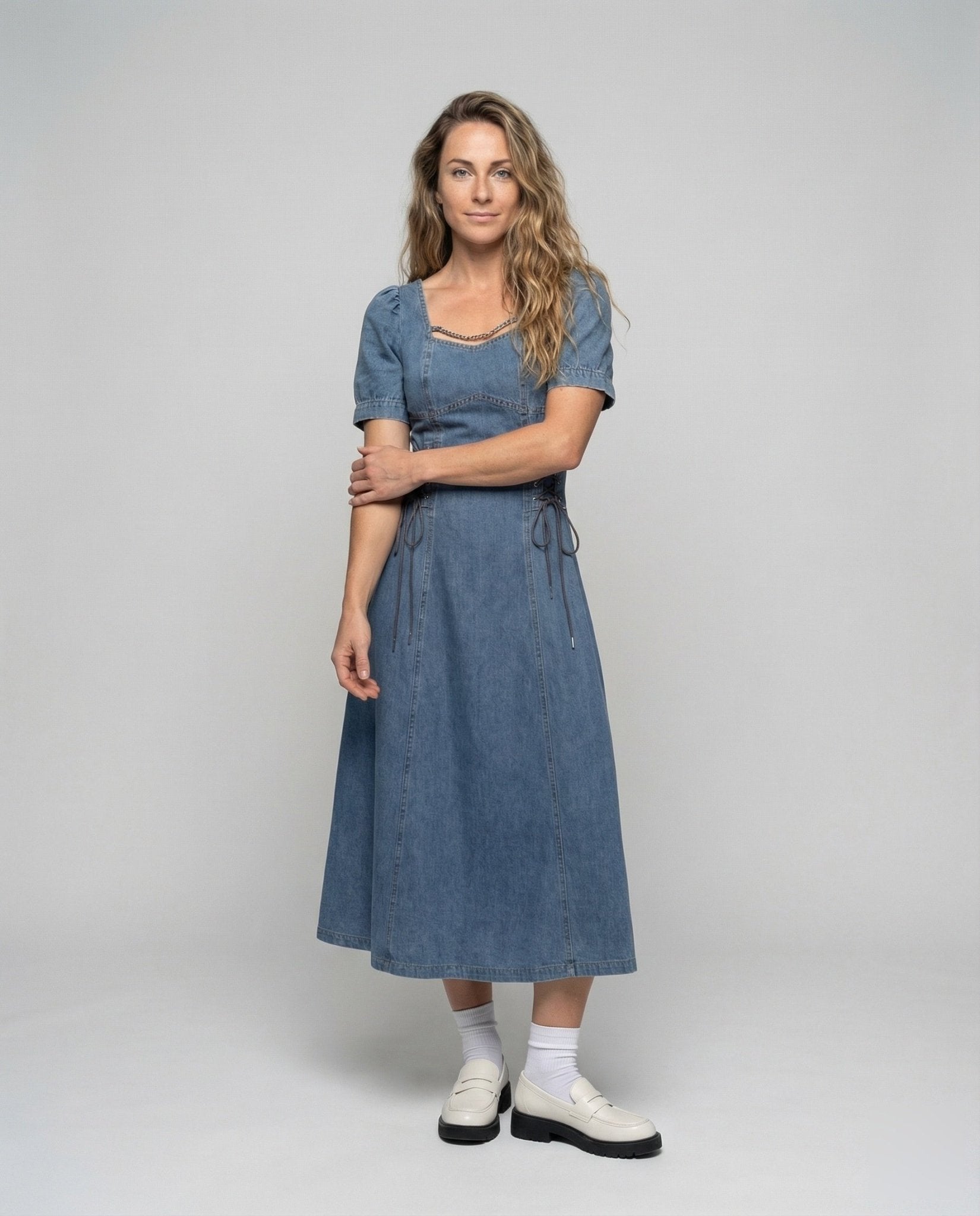 Women Jeans Look Dress with Corset Lacing - Chichicherry