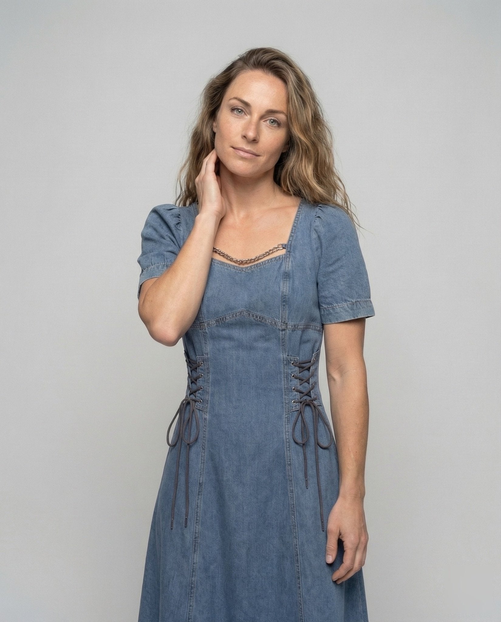Women Jeans Look Dress with Corset Lacing - Chichicherry