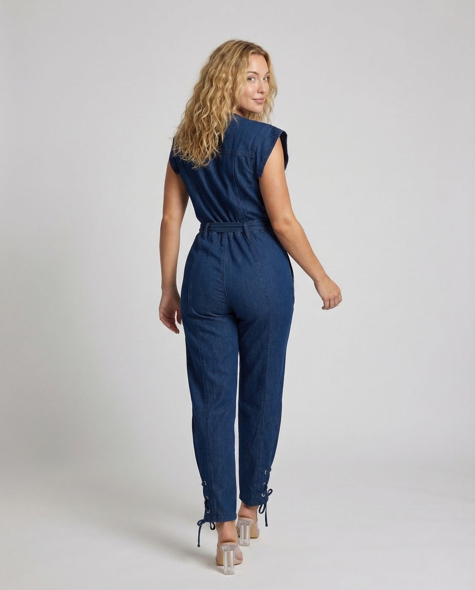 Women Jeans Overall Belt Chest Pockets - Chichicherry