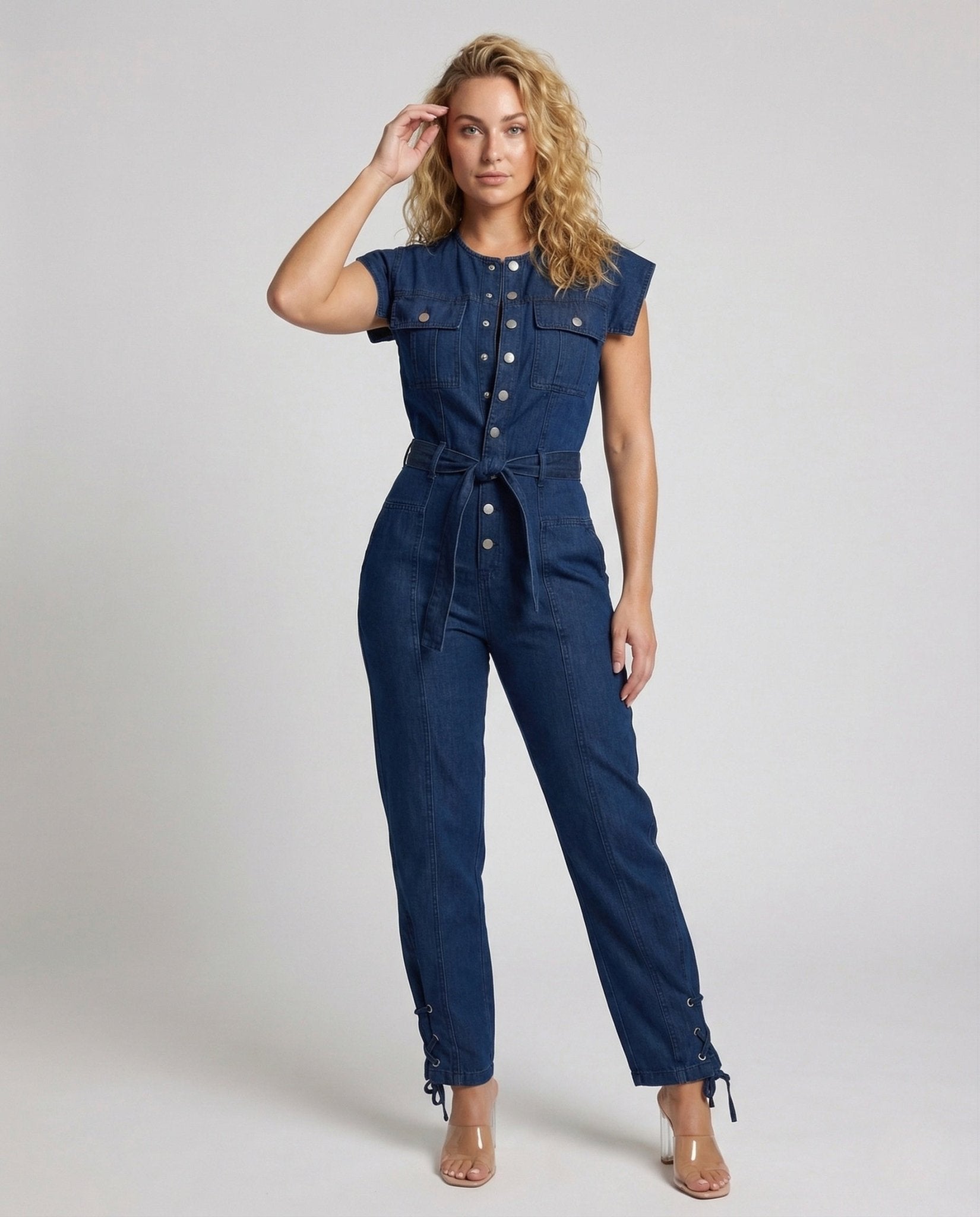 Women Jeans Overall Belt Chest Pockets - Chichicherry
