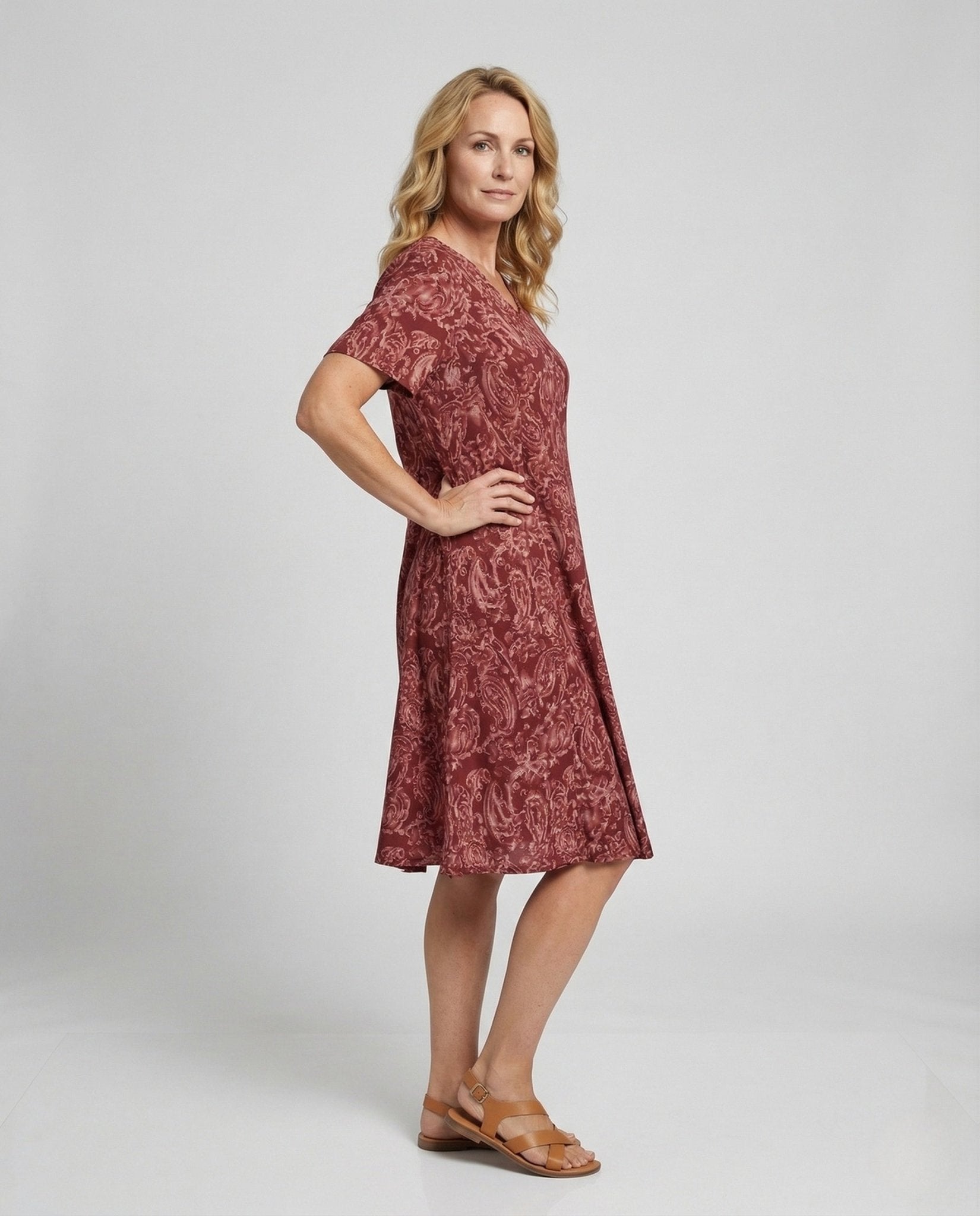Women Knee-Length A-Line Dress with Ornament Print - Chichicherry