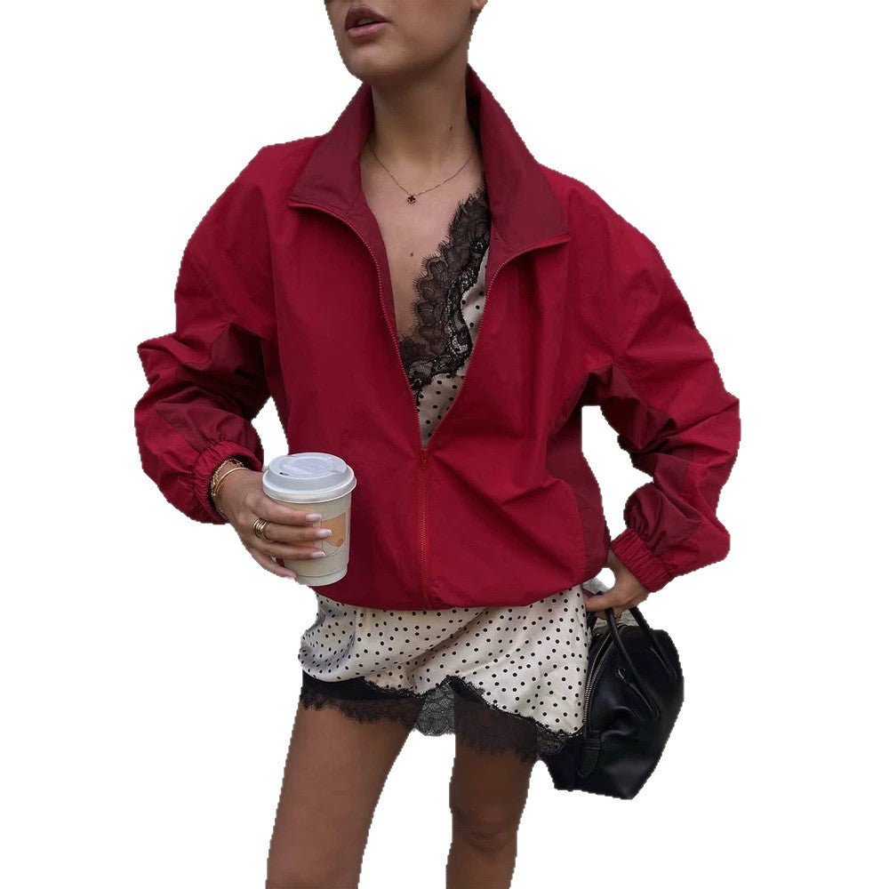 Women Lightweight Boxy Windbreaker with Stand Collar and Elastic Hem Chichicherry - Chichicherry