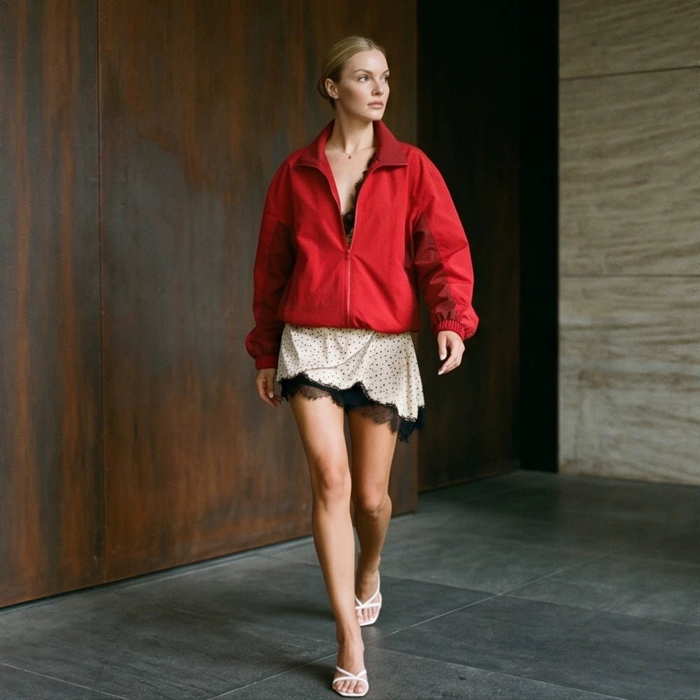 Women Lightweight Boxy Windbreaker with Stand Collar and Elastic Hem Chichicherry - Chichicherry