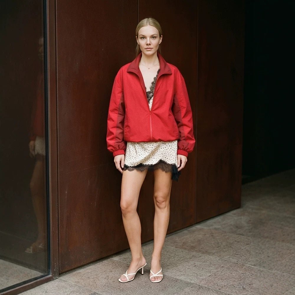 Women Lightweight Boxy Windbreaker with Stand Collar and Elastic Hem Chichicherry - Chichicherry