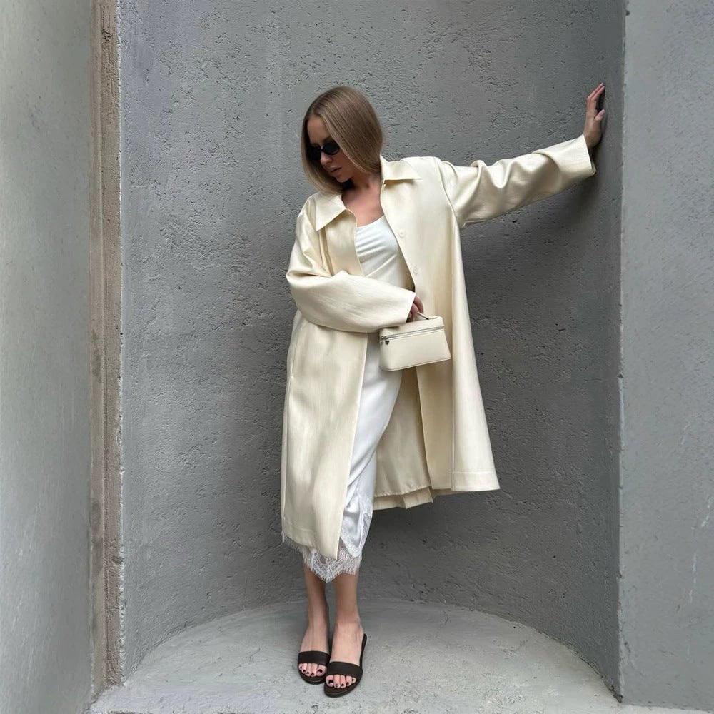 Women Lightweight Satin-Effect Long Coat with Boxy Oversize Silhouette Chichicherry - Chichicherry