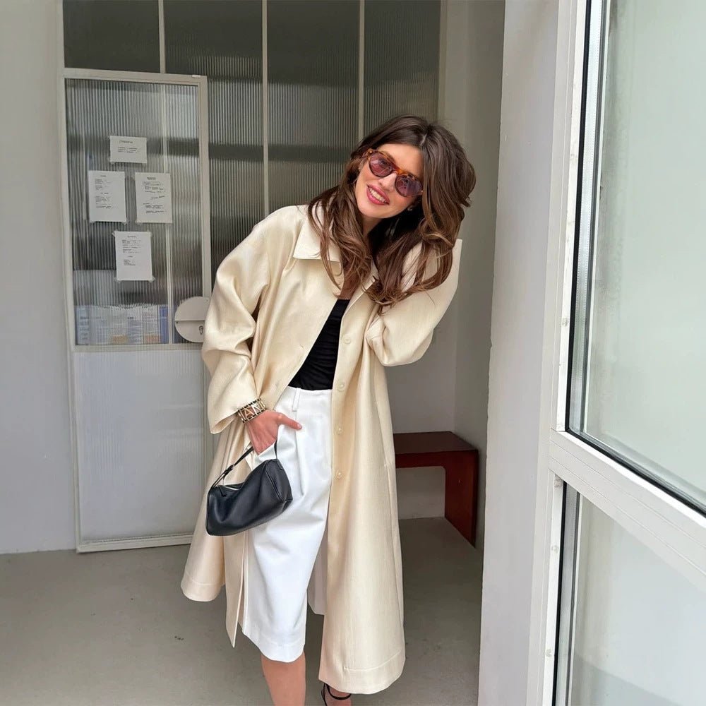 Women Lightweight Satin-Effect Long Coat with Boxy Oversize Silhouette Chichicherry - Chichicherry