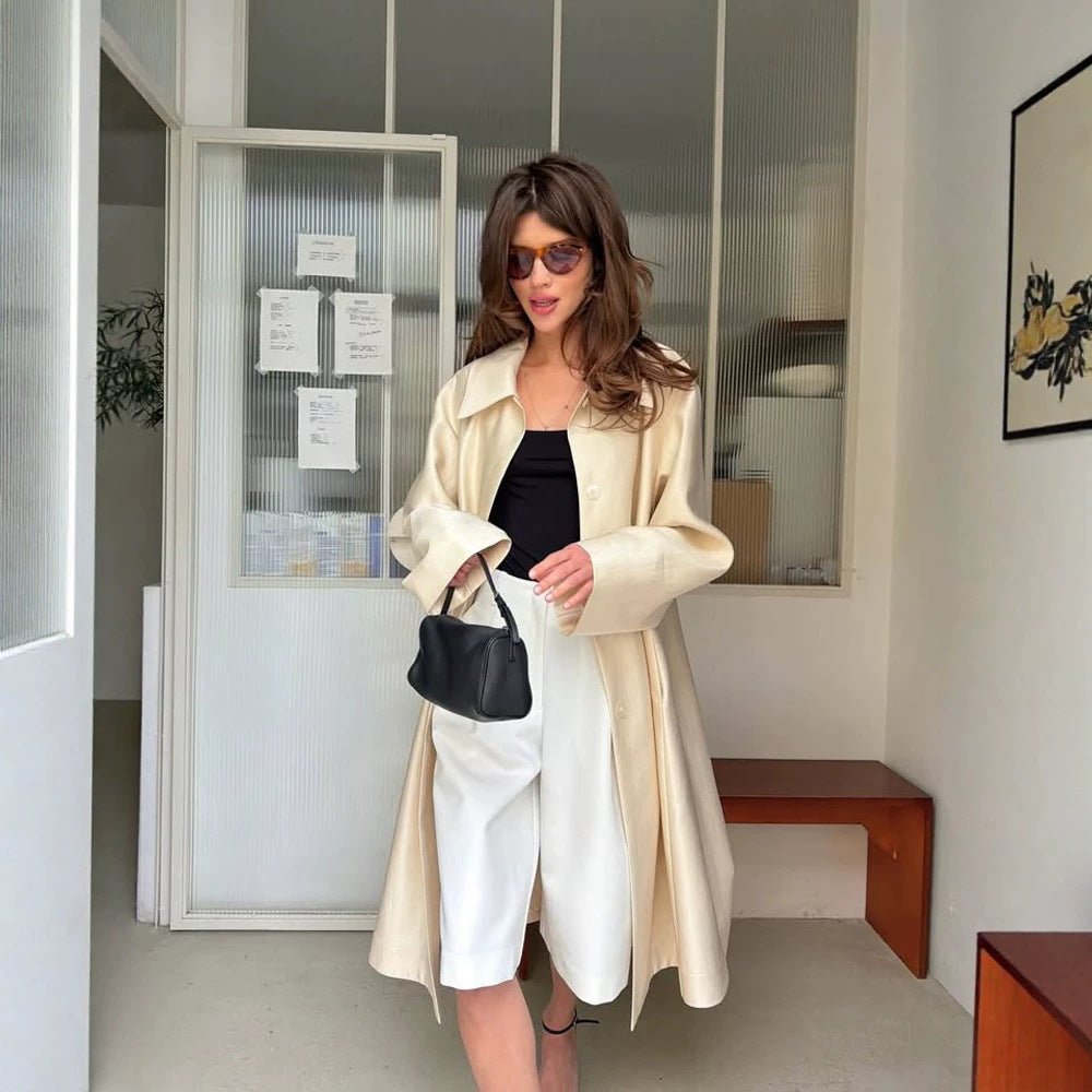 Women Lightweight Satin-Effect Long Coat with Boxy Oversize Silhouette Chichicherry - Chichicherry