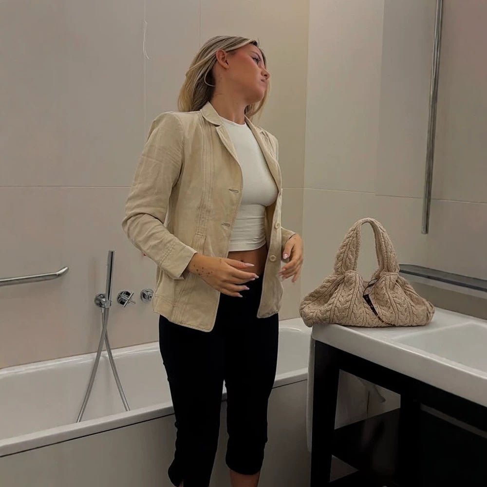 Women Lightweight Structured Linen Blazer with Relaxed Fit, One-Button Closure & Flap Pockets Chichicherry - Chichicherry