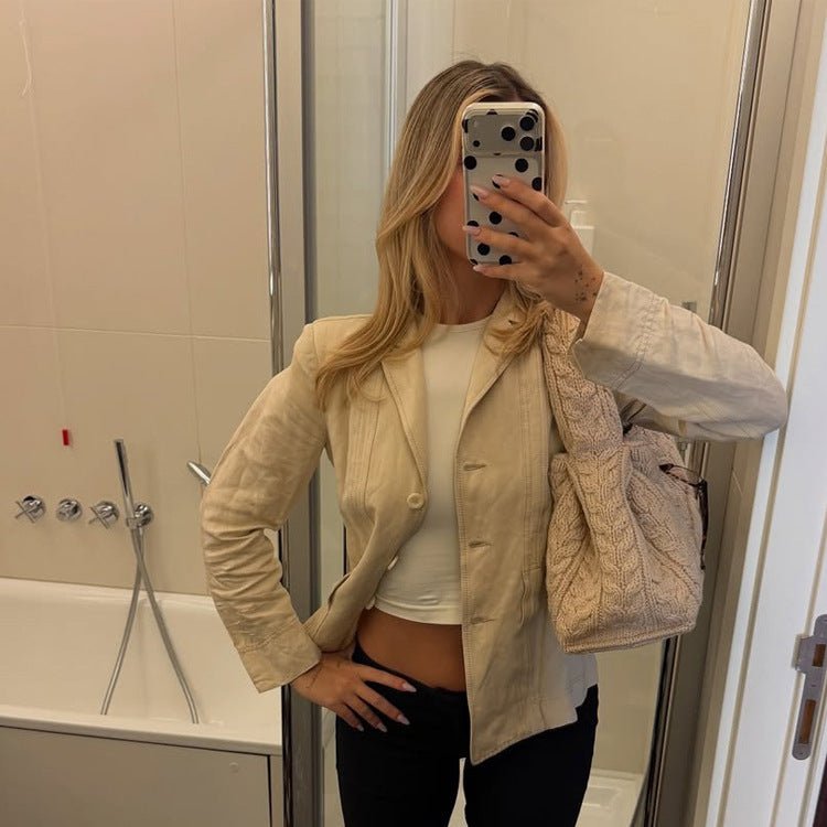 Women Lightweight Structured Linen Blazer with Relaxed Fit, One-Button Closure & Flap Pockets Chichicherry - Chichicherry