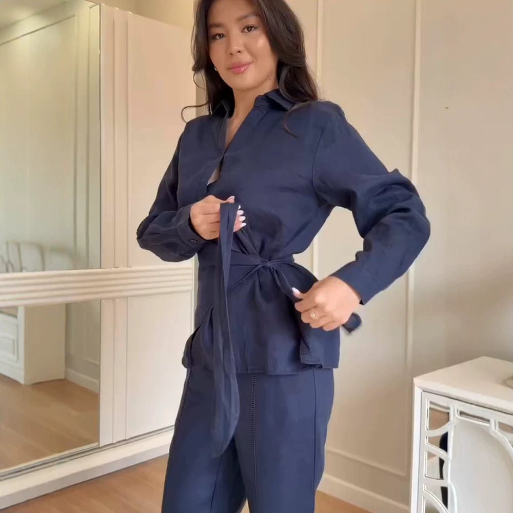 Women Linen Set with Tie Blouse, Shirt Collar and Wide Palazzo Pants Chichicherry - Chichicherry