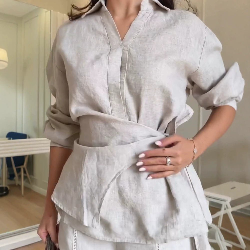 Women Linen Set with Tie Blouse, Shirt Collar and Wide Palazzo Pants Chichicherry - Chichicherry