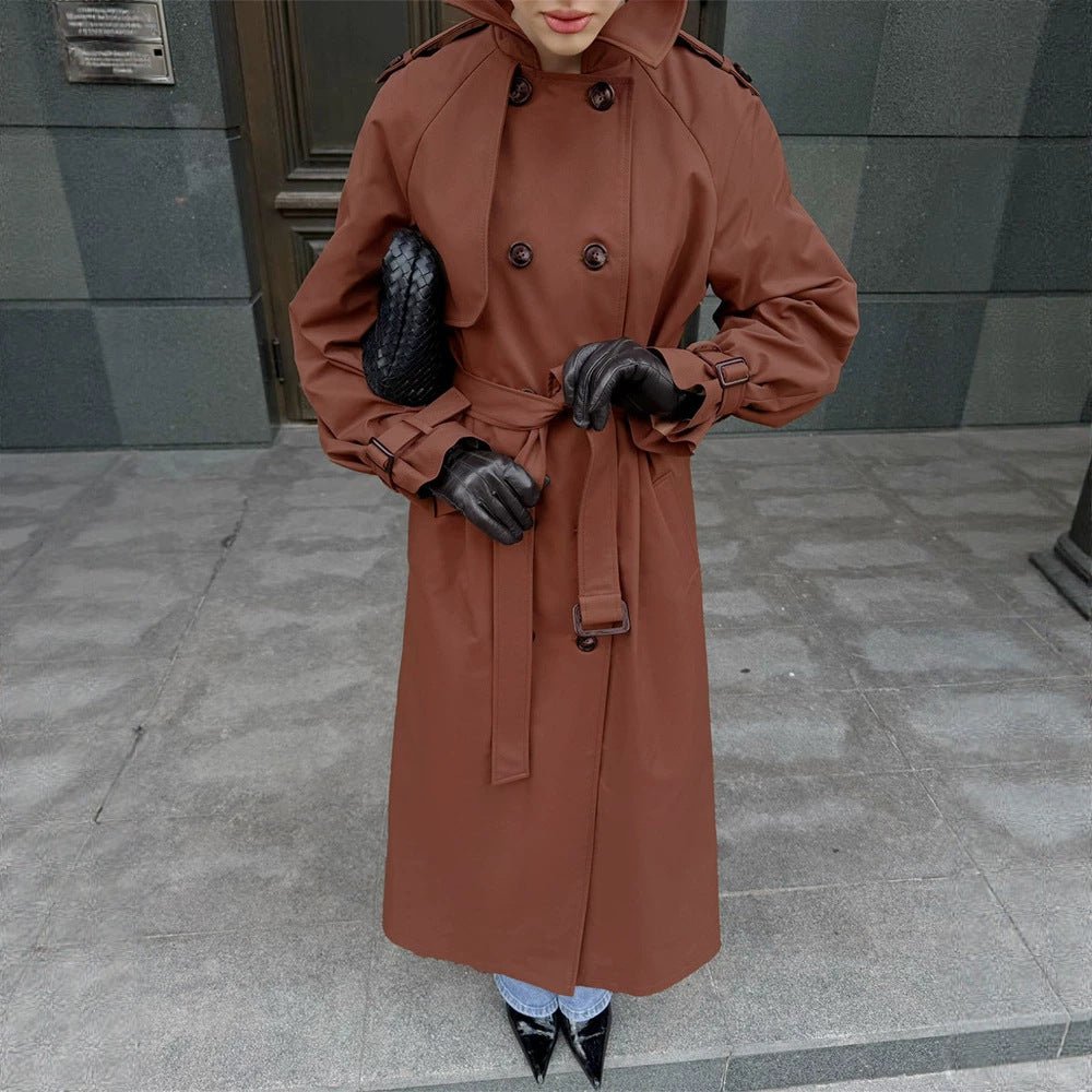 Women long cut water-repellent trench coat with high stand-up collar and waist belt Chichicherry - Chichicherry