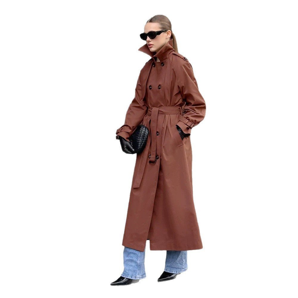Women long cut water-repellent trench coat with high stand-up collar and waist belt Chichicherry - Chichicherry