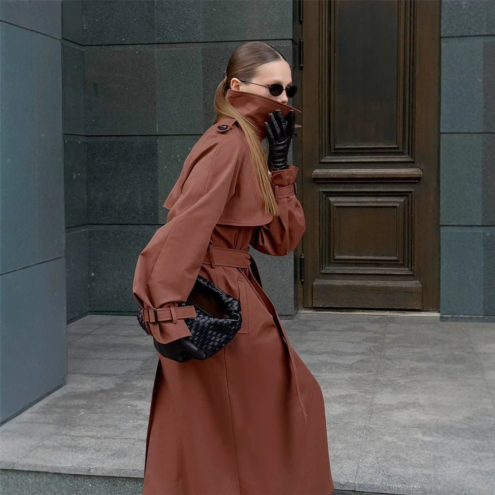 Women long cut water-repellent trench coat with high stand-up collar and waist belt Chichicherry - Chichicherry