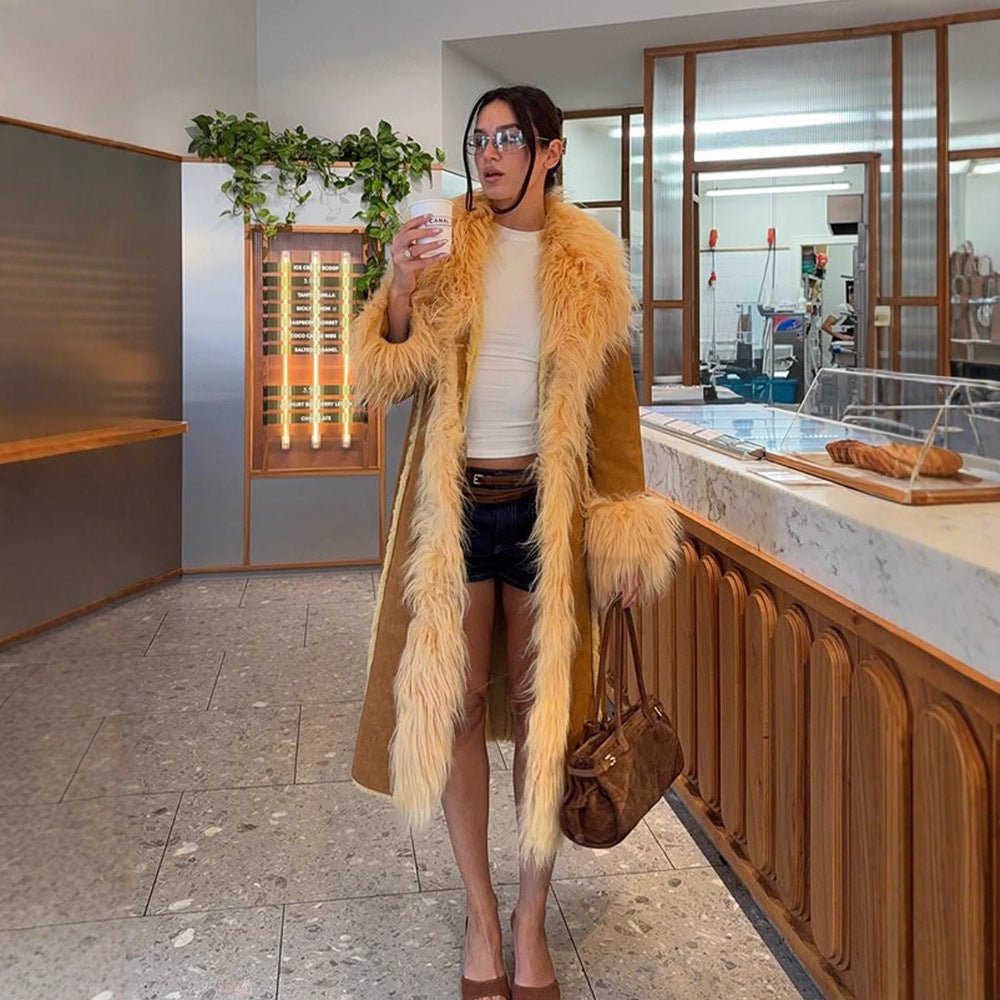 Women Long Shearling Imitation Coat with Voluminous Shawl Collar and Plush Cuffs Chichicherry - Chichicherry