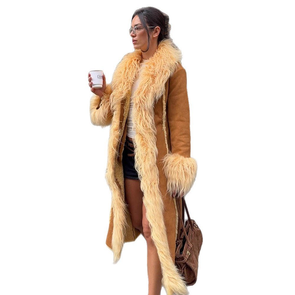 Women Long Shearling Imitation Coat with Voluminous Shawl Collar and Plush Cuffs Chichicherry - Chichicherry