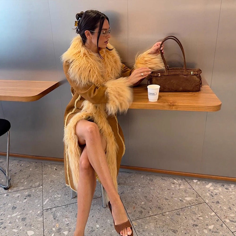 Women Long Shearling Imitation Coat with Voluminous Shawl Collar and Plush Cuffs Chichicherry - Chichicherry