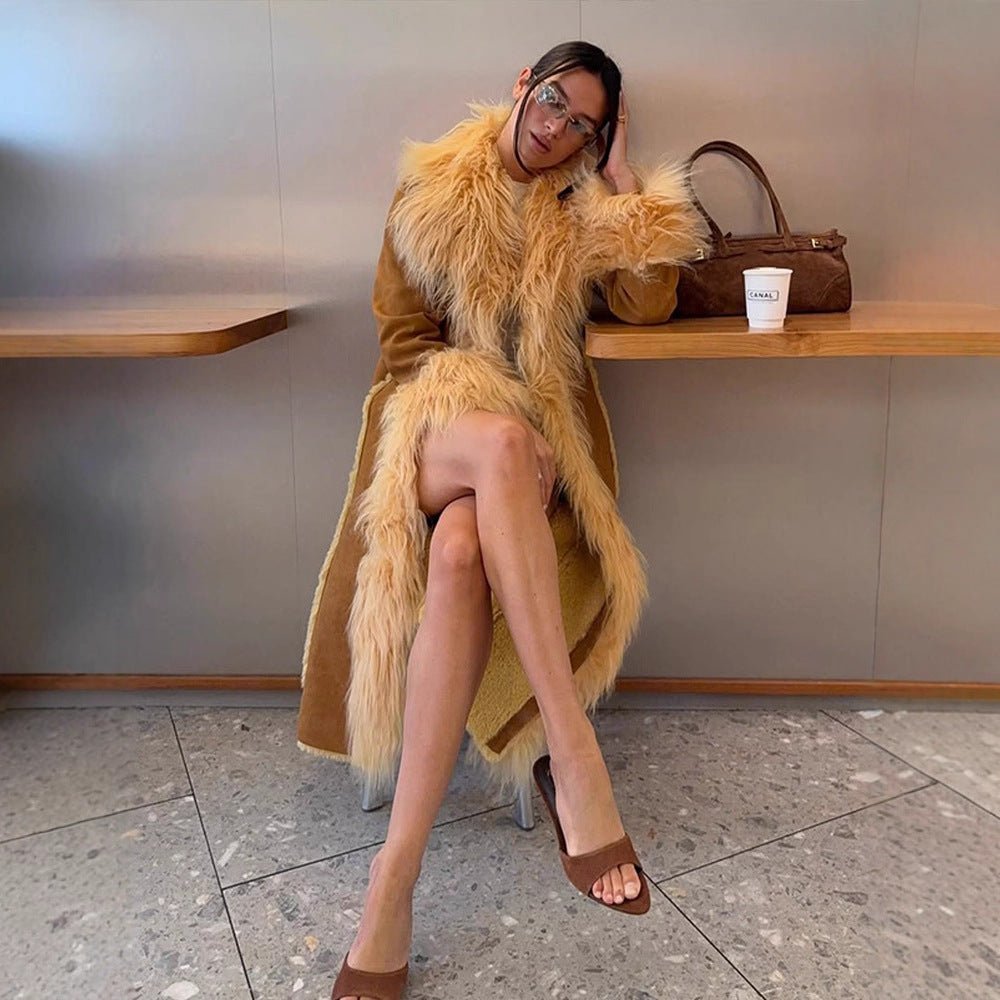 Women Long Shearling Imitation Coat with Voluminous Shawl Collar and Plush Cuffs Chichicherry - Chichicherry
