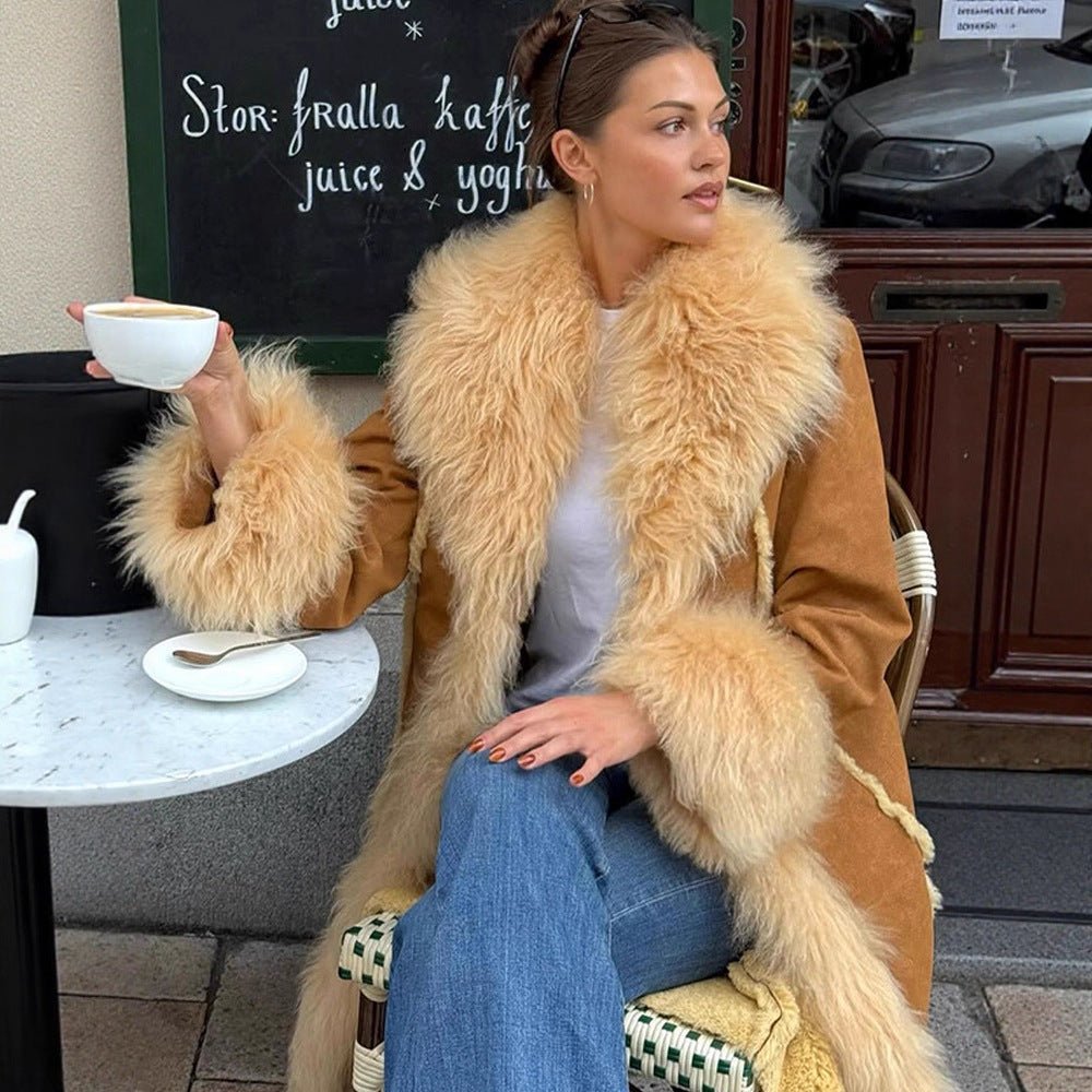 Women Long Shearling Imitation Coat with Voluminous Shawl Collar and Plush Cuffs Chichicherry - Chichicherry