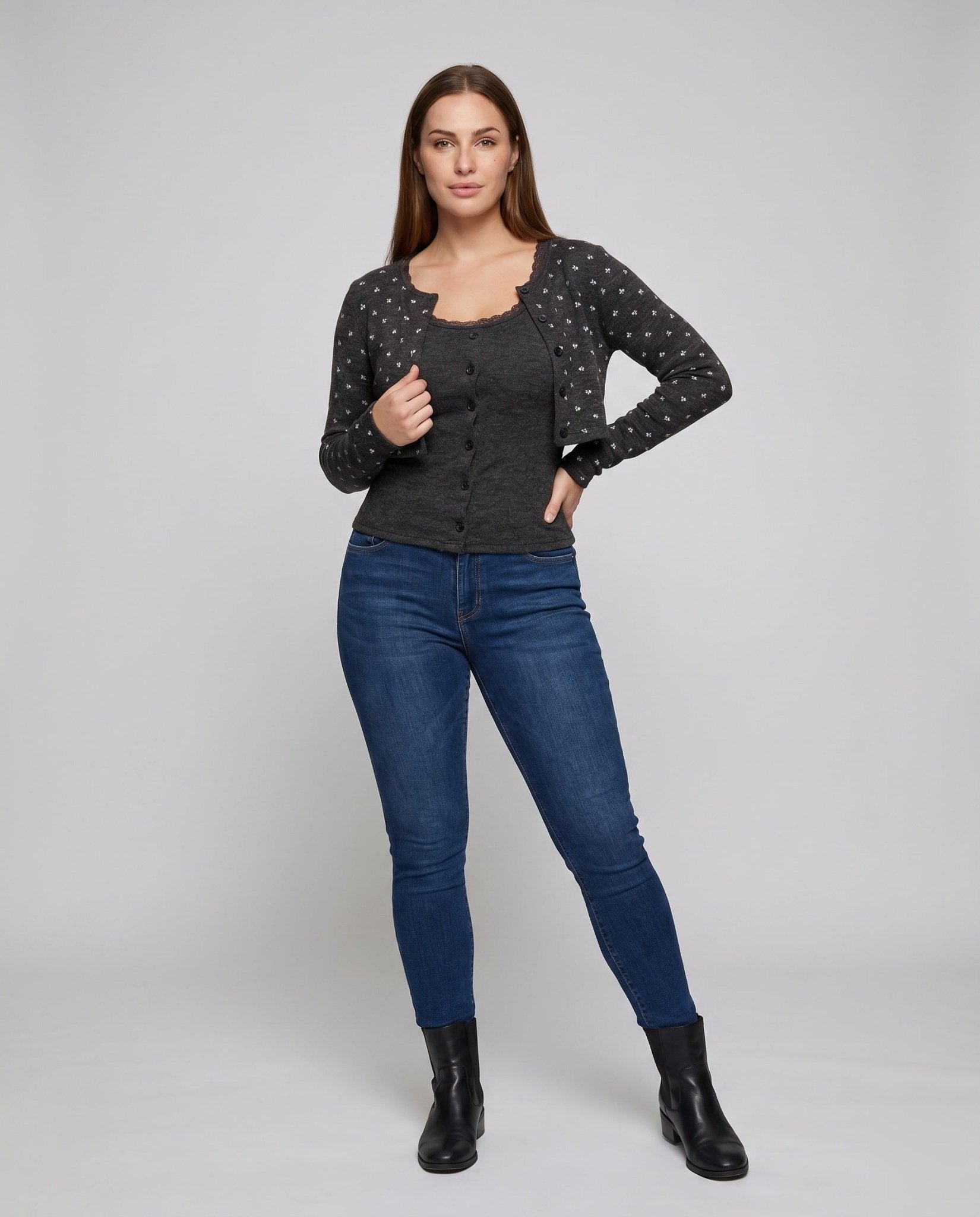 Women Long Sleeve Cardigan with Floral Accents - Chichicherry