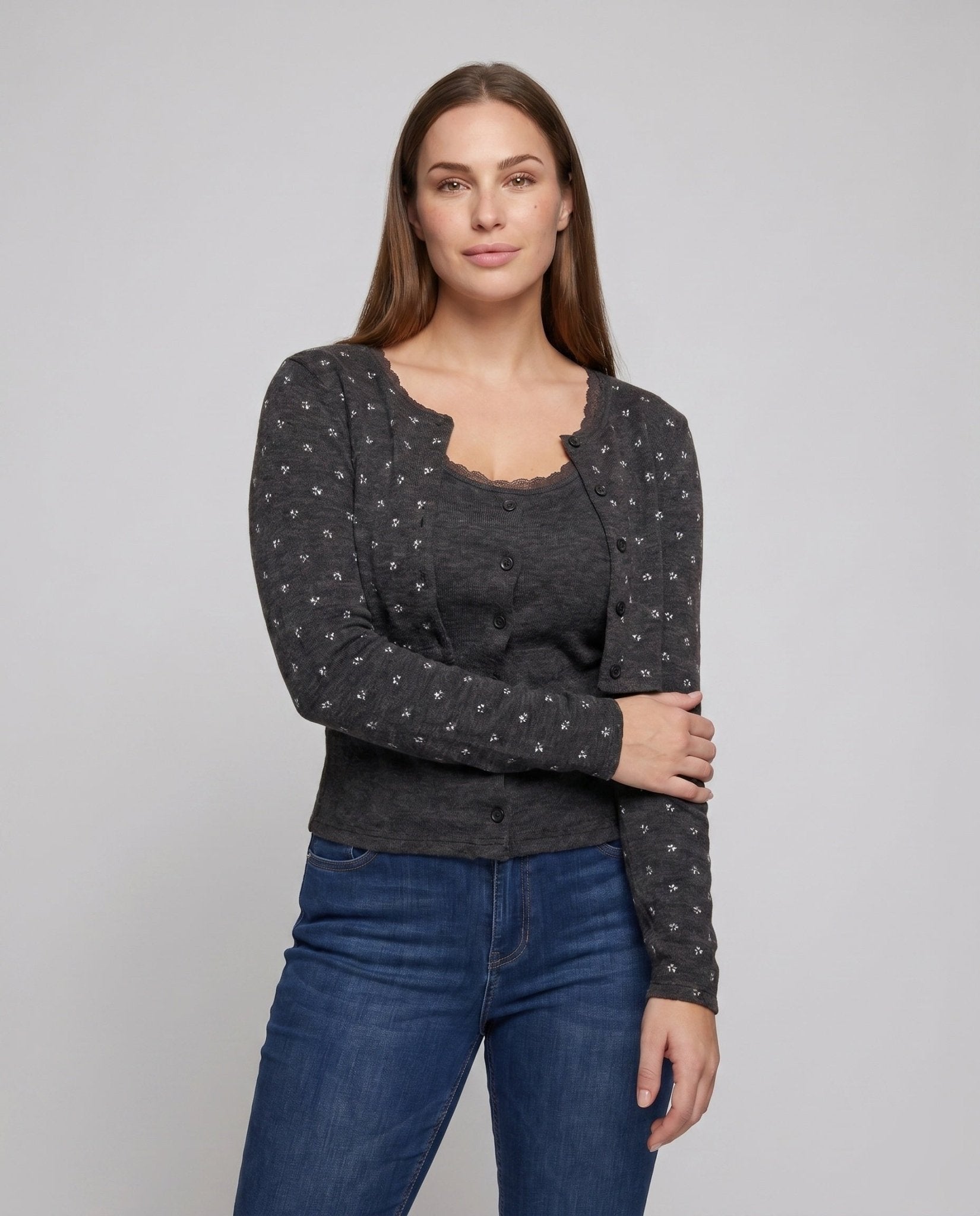 Women Long Sleeve Cardigan with Floral Accents - Chichicherry