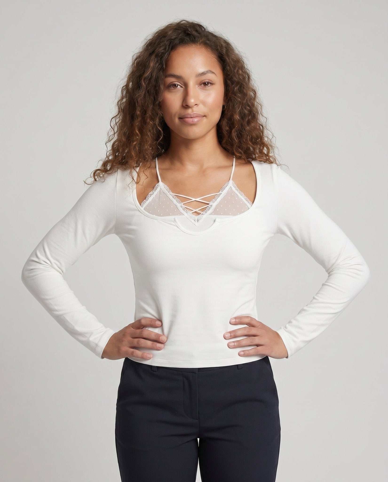 Women Long Sleeve Shirt with Refined Cut Details - Chichicherry