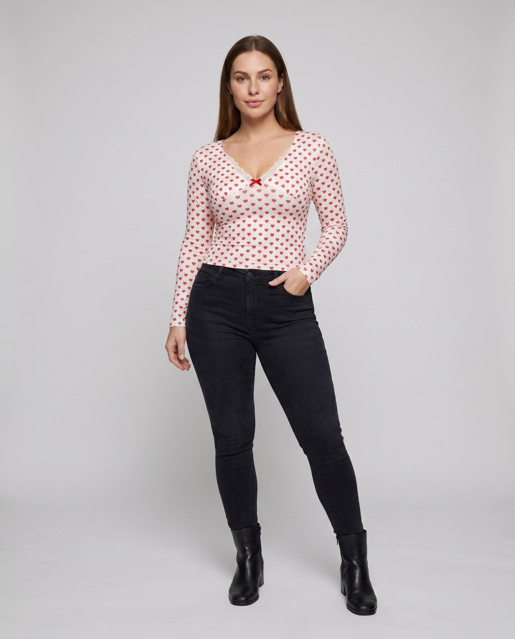 Women Long Sleeve Top with Decorative Heart Pattern and Delicate Lace Accents - Chichicherry