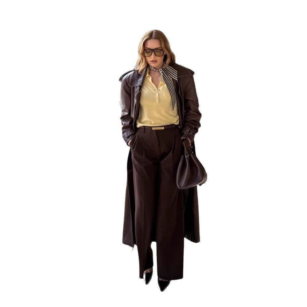 Women Long Trench Coat Made of Faux Leather with Oversized Shoulders and Tailored Silhouette Chichicherry - Chichicherry