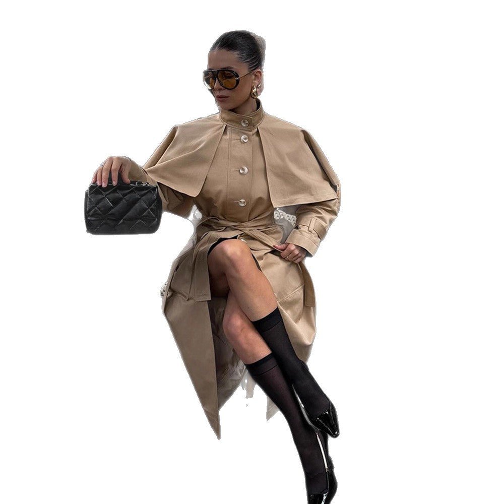 Women Long Trench Coat with Capelet, Waist Belt and Storm Collar Chichicherry - Chichicherry