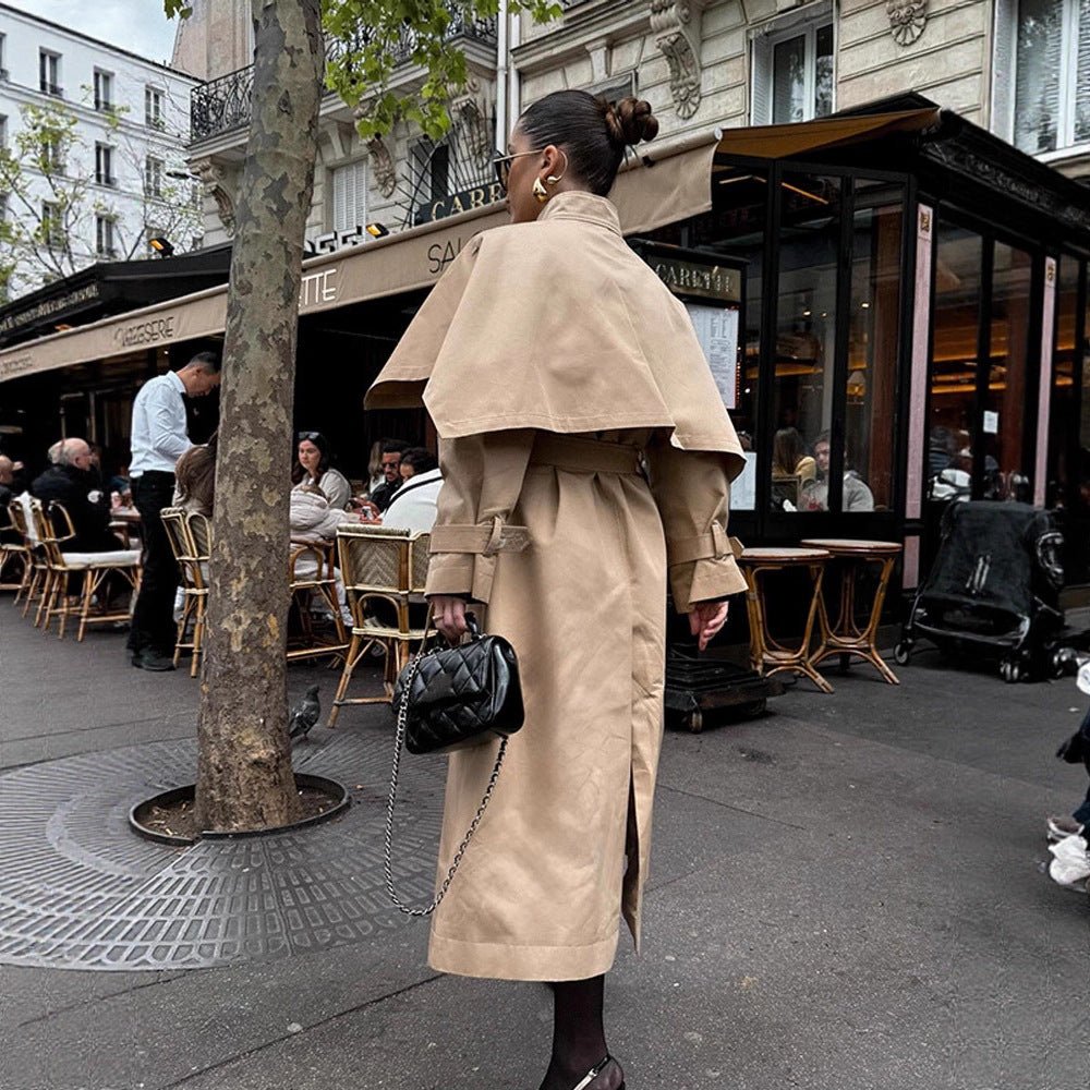 Women Long Trench Coat with Capelet, Waist Belt and Storm Collar Chichicherry - Chichicherry